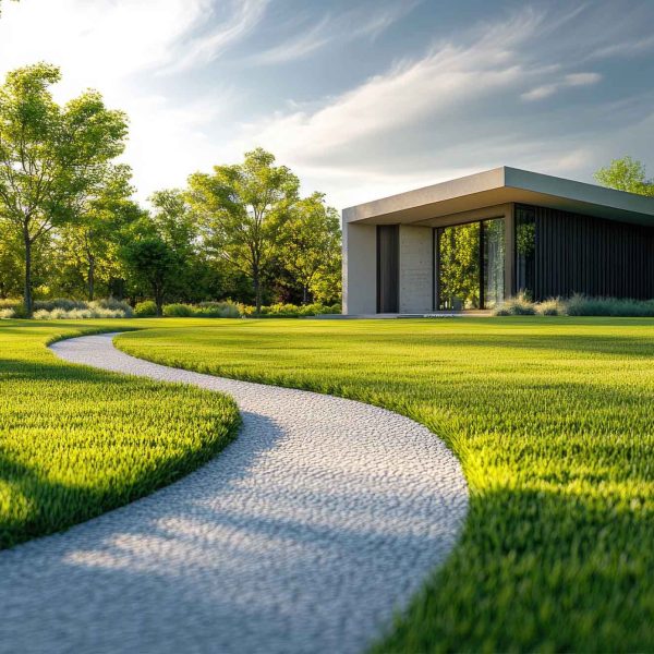 Modern Minimalist House with Serene Garden Pathway in Beautiful Green Landscape